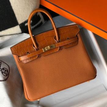 Hermes Touch Birkin Bag 25cm in Crocodile Embossed Leather and Togo Calfskin Brown/Gold 2021 (FL-21031801)